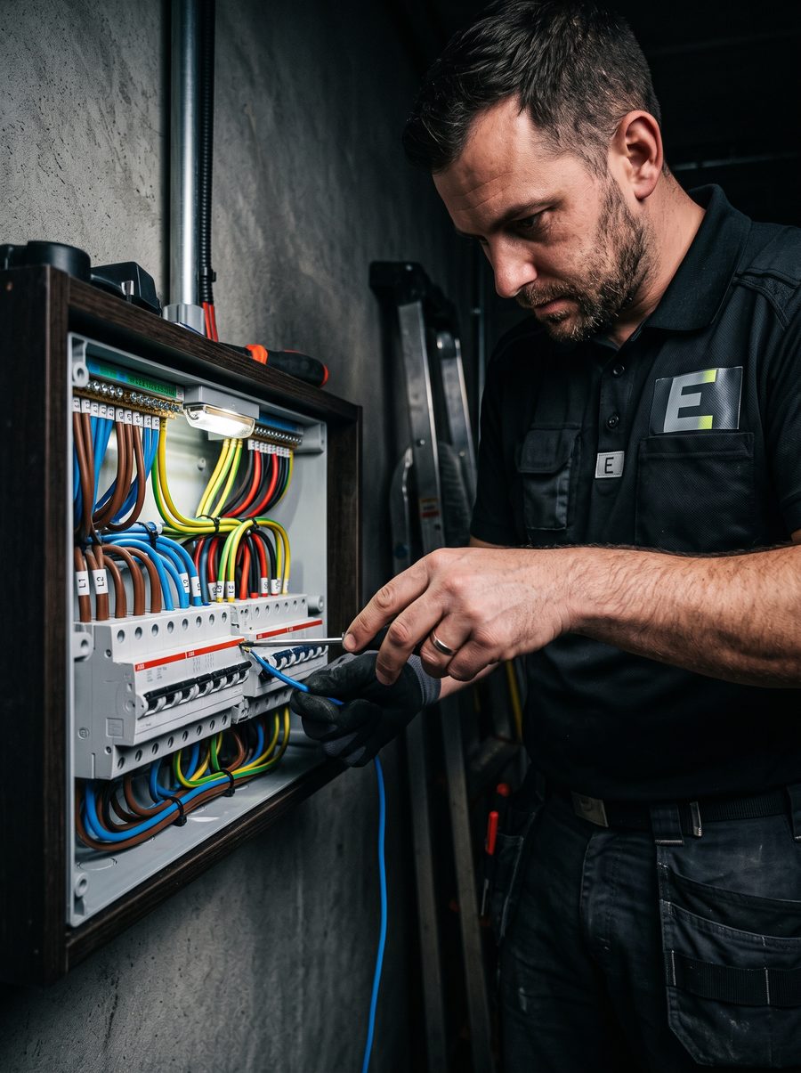 Voltway electrician testing a domestic consumer unit and boiler circuit in a kitchen